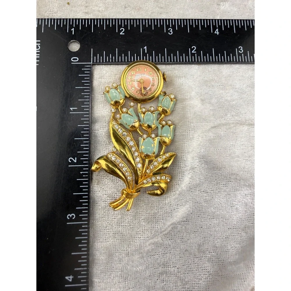 Vintage‎ Welsbro Watch Brooch Tulips Pot Metal Rhinestone NICE Untested